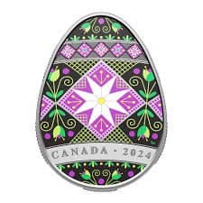 Egg-shaped silver coin with black background, colorful geometric and floral patterns in purple, pink, green, white. "CANADA - 2024" at bottom.