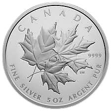 Silver coin reverse with three maple leaves, "CANADA", "9999", "FINE SILVER 5 OZ ARGENT PUR".