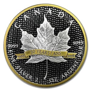 2018 Canada 2 oz Silver $10 Maple Leaf 30 Year Anniversary