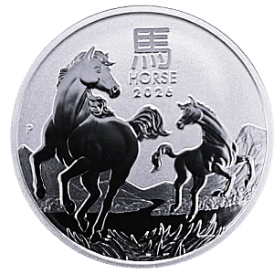 Silver Year of the Horse coin with horse on one side and King Charles III on the other side